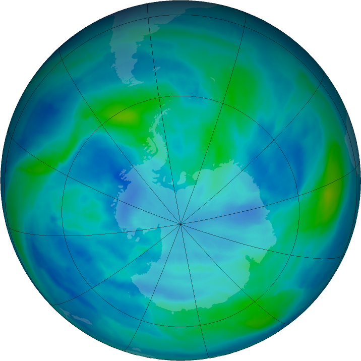 Antarctic ozone map for 20 March 2016
